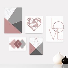 Kit 5 Placas Decorativas - Geométrico Love Abstrato Coração Casa Quarto Sala - 370ktpl5