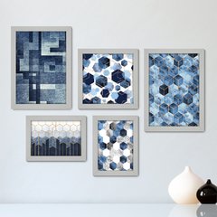 Kit Com 5 Quadros Decorativos - Geométrico - Abstrato - Azul - 378kq01 - comprar online