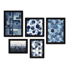 Kit Com 5 Quadros Decorativos - Geométrico - Abstrato - Azul - 378kq01 na internet