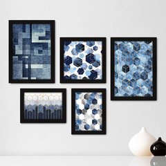 Kit Com 5 Quadros Decorativos - Geométrico - Abstrato - Azul - 378kq01
