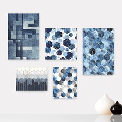 Kit 5 Placas Decorativas - Geométrico Abstrato Azul Casa Quarto Sala - 378ktpl5