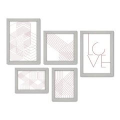 Kit Com 5 Quadros Decorativos - Geométrico - Abstrato - Linhas - Love - 380kq01 - Allodi