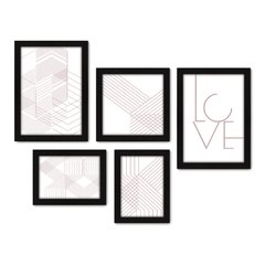 Kit Com 5 Quadros Decorativos - Geométrico - Abstrato - Linhas - Love - 380kq01 na internet