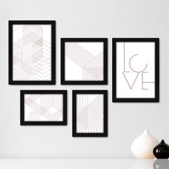 Kit Com 5 Quadros Decorativos - Geométrico - Abstrato - Linhas - Love - 380kq01