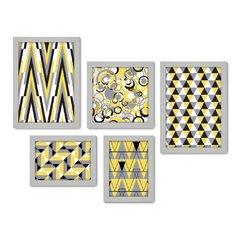 Kit Com 5 Quadros Decorativos - Geométrico - Abstrato - Cinza e Amarelo - 381kq01 - Allodi