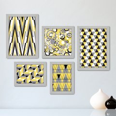 Kit Com 5 Quadros Decorativos - Geométrico - Abstrato - Cinza e Amarelo - 381kq01 - comprar online