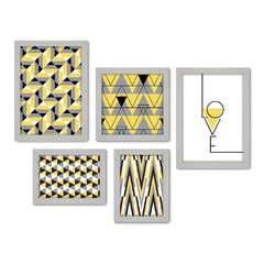 Kit Com 5 Quadros Decorativos - Geométrico - Abstrato - Love - Cinza e Amarelo - 382kq01 - Allodi