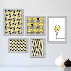 Kit Com 5 Quadros Decorativos - Geométrico - Abstrato - Love - Cinza e Amarelo - 382kq01 - comprar online