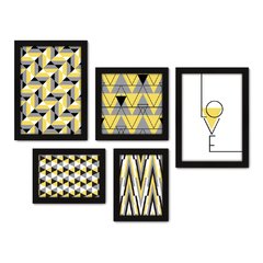 Kit Com 5 Quadros Decorativos - Geométrico - Abstrato - Love - Cinza e Amarelo - 382kq01 na internet