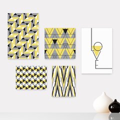 Kit 5 Placas Decorativas - Geométrico Abstrato Love Cinza e Amarelo Casa Quarto Sala - 382ktpl5