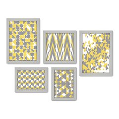 Kit Com 5 Quadros Decorativos - Geométrico - Abstrato - Cinza e Amarelo - 383kq01 - Allodi