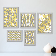 Kit Com 5 Quadros Decorativos - Geométrico - Abstrato - Cinza e Amarelo - 383kq01 - comprar online