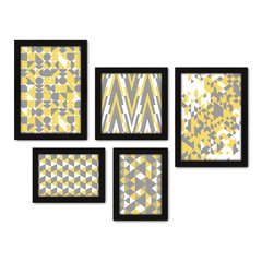 Kit Com 5 Quadros Decorativos - Geométrico - Abstrato - Cinza e Amarelo - 383kq01 na internet