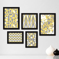 Kit Com 5 Quadros Decorativos - Geométrico - Abstrato - Cinza e Amarelo - 383kq01