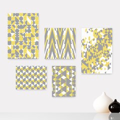 Kit 5 Placas Decorativas - Geométrico Abstrato Cinza e Amarelo Casa Quarto Sala - 383ktpl5