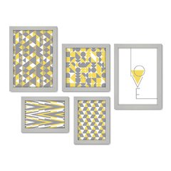 Kit Com 5 Quadros Decorativos - Geométrico - Abstrato - Love - Cinza e Amarelo - 384kq01 - Allodi