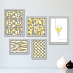 Kit Com 5 Quadros Decorativos - Geométrico - Abstrato - Love - Cinza e Amarelo - 384kq01 - comprar online