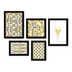 Kit Com 5 Quadros Decorativos - Geométrico - Abstrato - Love - Cinza e Amarelo - 384kq01 na internet