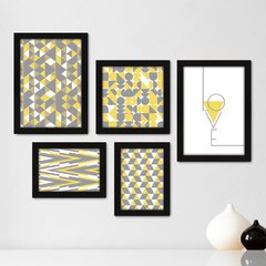 Kit Com 5 Quadros Decorativos - Geométrico - Abstrato - Love - Cinza e Amarelo - 384kq01