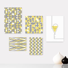 Kit 5 Placas Decorativas - Geométrico Abstrato Love Cinza e Amarelo Casa Quarto Sala - 384ktpl5