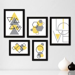 Kit Com 5 Quadros Decorativos - Abstrato - Formas - Geométricas - Love - 385kq01