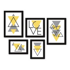 Kit Com 5 Quadros Decorativos - Abstrato - Formas - Geométricas - Triângulo - Love - 387kq01 na internet
