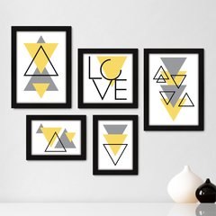 Kit Com 5 Quadros Decorativos - Abstrato - Formas - Geométricas - Triângulo - Love - 387kq01