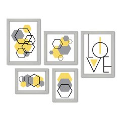 Kit Com 5 Quadros Decorativos - Abstrato - Formas - Geométricas - Hexágono - Love - 388kq01 - Allodi