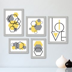 Kit Com 5 Quadros Decorativos - Abstrato - Formas - Geométricas - Hexágono - Love - 388kq01 - comprar online