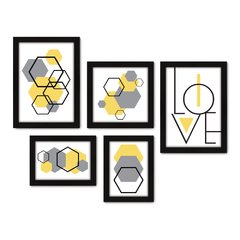 Kit Com 5 Quadros Decorativos - Abstrato - Formas - Geométricas - Hexágono - Love - 388kq01 na internet