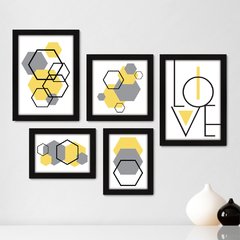 Kit Com 5 Quadros Decorativos - Abstrato - Formas - Geométricas - Hexágono - Love - 388kq01