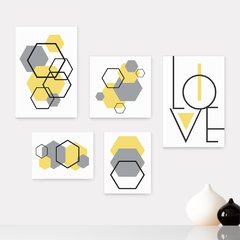 Kit 5 Placas Decorativas - Abstrato Formas Geométricas Hexágono Love Casa Quarto Sala - 388ktpl5