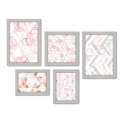 Kit Com 5 Quadros Decorativos - Abstrato - Formas - Geométricas - Rosa - 395kq01 - Allodi