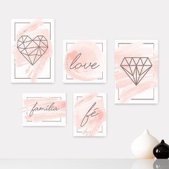 Kit 5 Placas Decorativas - Geométrico Abstrato Love Amor Fé Família Rosa Casa Quarto Sala - 396ktpl5