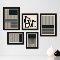 Kit Com 5 Quadros Decorativos - Abstrato - Linhas - Love - 397kq01