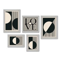 Kit Com 5 Quadros Decorativos - Abstrato - Linhas - Love - 398kq01 - Allodi