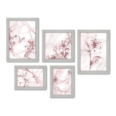 Kit Com 5 Quadros Decorativos - Flores - Abstrato - Rosa - 399kq01 - Allodi
