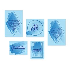 Kit 5 Placas Decorativas - Fé Gratidão Amor Abstrato Azul Casa Quarto Sala - 401ktpl5 - comprar online