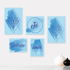 Kit 5 Placas Decorativas - Fé Gratidão Amor Abstrato Azul Casa Quarto Sala - 401ktpl5