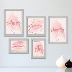 Kit Com 5 Quadros Decorativos - Amor - Gratidão - Família - Felicidade - Fé - Abstrato - Rosa - 402kq01 - comprar online