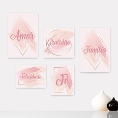 Kit 5 Placas Decorativas - Amor Gratidão Família Felicidade Fé Abstrato Rosa Casa Quarto Sala - 402ktpl5