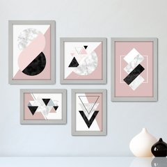 Kit Com 5 Quadros Decorativos - Abstrato - Geométrico - Rosa - Cinza - Preto - 404kq01 - comprar online