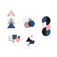 Kit 5 Placas Decorativas - Abstrato Geométrico Rosa Cinza Azul Casa Quarto Sala - 405ktpl5 - comprar online