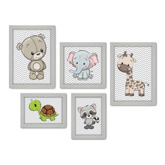 Kit Com 5 Quadros Decorativos - Animais - Chevron - Infantil - Baby - Bebê - 406kq01 - Allodi