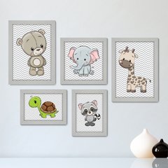 Kit Com 5 Quadros Decorativos - Animais - Chevron - Infantil - Baby - Bebê - 406kq01 - comprar online