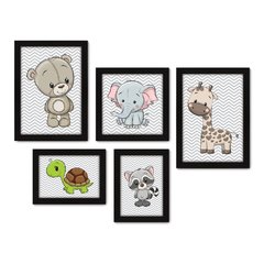 Kit Com 5 Quadros Decorativos - Animais - Chevron - Infantil - Baby - Bebê - 406kq01 na internet
