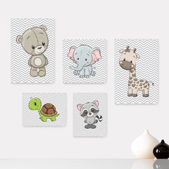 Kit 5 Placas Decorativas - Animais Safari Chevron Infantil Bebê Quarto Menino Menina 406ktpl5