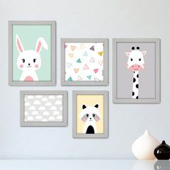 Kit Com 5 Quadros Decorativos - Animais - Infantil - Bebê - Baby - Nuvens - 408kq01 - comprar online