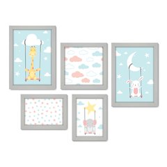 Kit Com 5 Quadros Decorativos - Animais - Infantil - Baby - Bebê - Nuvens - Estrelas - 409kq01 - Allodi