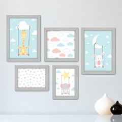 Kit Com 5 Quadros Decorativos - Animais - Infantil - Baby - Bebê - Nuvens - Estrelas - 409kq01 - comprar online